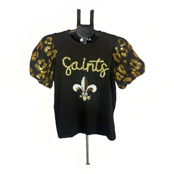 Tops - Sash Boutique Louisiana Saints Sequin Top XS Black Gold Fleur-de-Lis Puff Sleeve